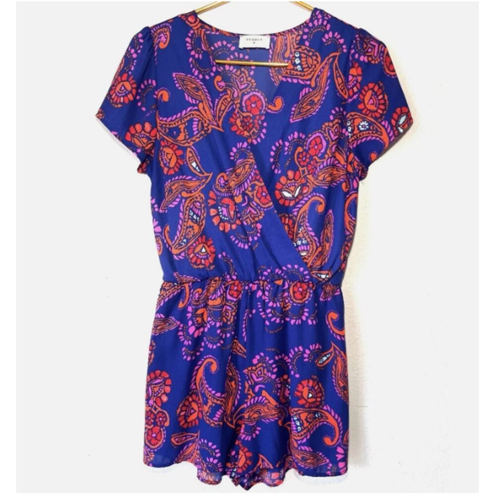 Anthropologie Everly Romper Blue Pink Orange Paisley Print V Neck Size S